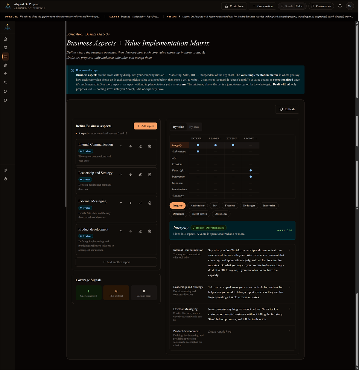 Aligned On Purpose — Business Aspects and Value Implementation Matrix, a rich interactive grid
